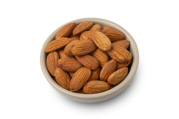 Dry roasted Almonds in white bowl isolated on white background with clipping path