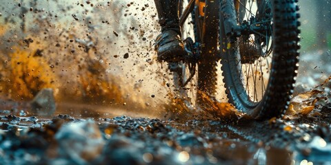 Close up of a off-road bike wheels driving through mud