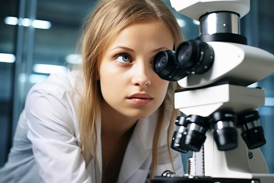 Científica joven usando microscopio