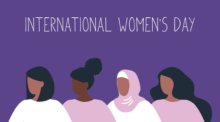 Women's silhouettes in profile. Women stand together. International Women's Day concept. Women's community. Female solidarity. Diverse group of women. Vector illustration in purple, pink colors