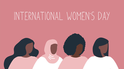 Women's silhouettes in profile. Women stand together. International Women's Day concept. Women's community. Female solidarity. Diverse group of women. Vector illustration in pink colors