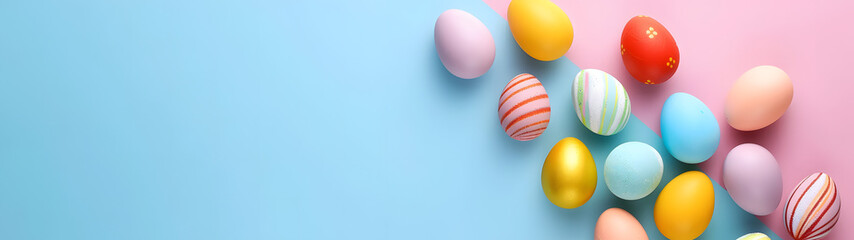 Fototapeta na wymiar Row of Colorful Easter Eggs on Blue and Pink Background