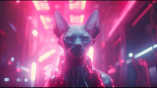 Anthropomorphic fantasy cat in cyborg armor. Fantastic android kitten in cyberpunk style. Technology and future concept.