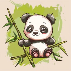 Vector Illustration. Little baby panda playing among bamboo.