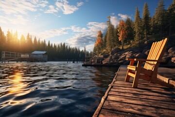 Naklejka premium Wooden dock extending into a calm lake with adirondack chair at the end overlooking a small cabin on the opposite shore surrounded by trees in the distance