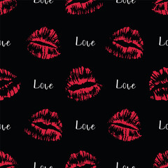 Red female lips imprint kiss with text Love. Seamless pattern. Glamour background. Vector illustration on black