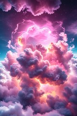 A dazzling triangular portal radiates light amid fluffy clouds tinted with pink and blue hues at dusk.