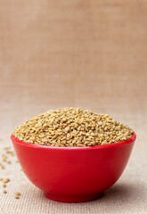 Fenugreek Seeds or Methi Seeds in a Red Bowl Isolated on Burlap Fabric with Copy Space