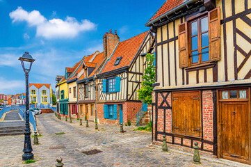 Amiens cityscape old town Saint-Leu quarter with traditional fachwerk houses in historical city centre, typical historical quarter with street light and old buildings, Hauts-de-France Region, France