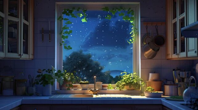 video white kitchen decorated with clover green st patricks day theme kitchen has big window view sky with a lot of animated star