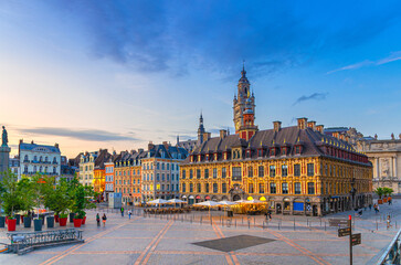 Lille cityscape, La Grand Place square in city center, historical monument Flemish mannerist...