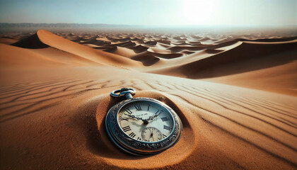 A pocket watch in the desert sands. Generative AI.
