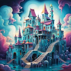 Fototapeta na wymiar Whimsical illustration of a fairytale castle with bright colors and intricate details