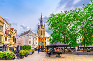 Kortrijk cityscape, Grote Markt Courtrai Central market square, Saint Martin's Church, street restaurant, old buildings in historical city centre, Kortrijk old town, West Flanders province, Belgium - obrazy, fototapety, plakaty