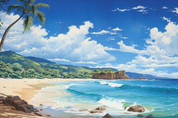 Beach landscape with palm trees and blue ocean