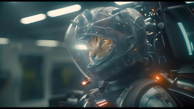 Anthropomorphic fantasy cat in cyborg armor. Fantastic android kitten in cyberpunk style. Technology and future concept.