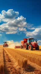 Obraz premium Tractors Harvesting Wheat in a Field