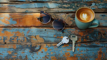 Everyday Essentials: Symmetrical Flatlay Featuring Keys, Sunglasses, and a Cup of Coffee on Rustic Wood.