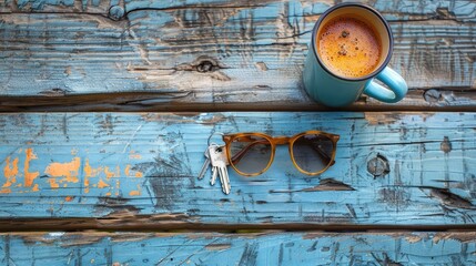 Simple Pleasures: Minimalist Flatlay Showcasing Everyday Items like Keys, Sunglasses, and Coffee.
