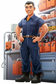 Asian man in blue jumpsuit standing in front of a workbench