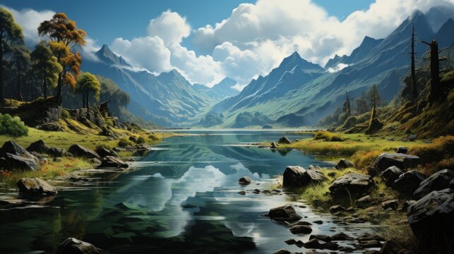 Beautiful fantasy landscape with mountain lake