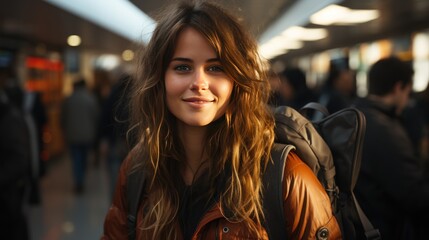 Beautiful young woman on airport with long curly hair in a jacket with people