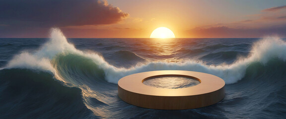 sunset over sea, podium background for product on the ocean waves, Generative AI