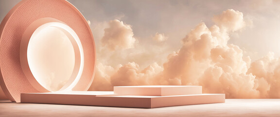 a round podium against a background of clouds for product. Peach fuzz color, Generative AI - obrazy, fototapety, plakaty
