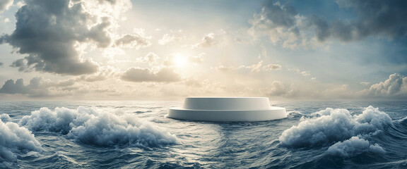 a round podium in the ocean against a background of clouds for product. Sunrise, Generative AI