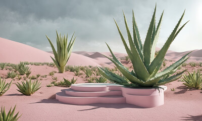 Pink podium background for product in the Wilderness with Aloe Vera Plant, Generation AI