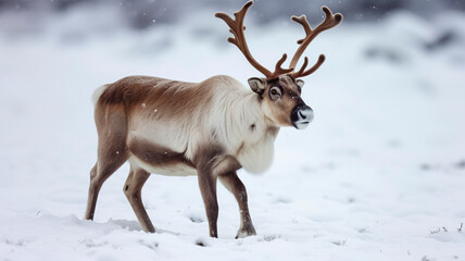A majestic reindeer stands tall in the winter wonderland, its antlers glistening in the snowy landscape