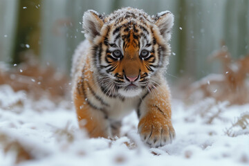 Fototapeta na wymiar A young bengal tiger cub explores the wintry wonderland, its majestic fur blending into the snowy landscape as it playfully pounces through the frozen terrain