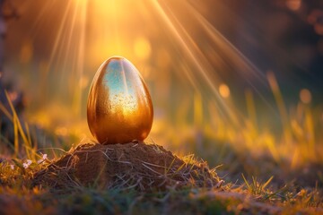 A golden Easter egg sitting atop a small mound of earth, with rays of sunrise creating a halo effect around it. - obrazy, fototapety, plakaty