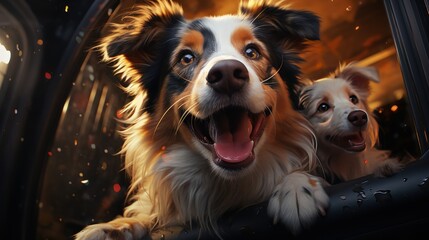 Portrait of australian shepherd dog and chihuahua in car