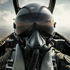 close up of a military pilot sitting In the cockpit of his jet fighter