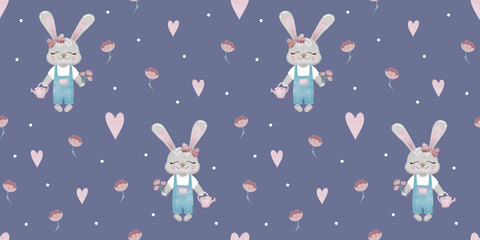 cute bunny seamless pattern, watercolor style, rabbit gardener digital paper with watering can flowers hearts, spring Easter print for textile,  sublimation for stationery