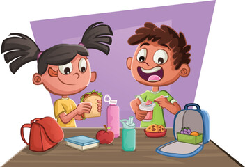 Cartoon children eating at school. Lunch bags with food.
- 741723450