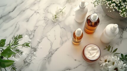 Obraz na płótnie Canvas Serene Beauty Essentials: Flatlay of Skincare Staples - Serums, Moisturizers, and Face Masks on Marble Countertop.