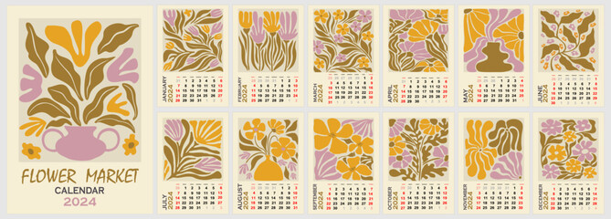 Fototapeta na wymiar Floral calendar template for 2024 . Vertical design with abstract groovy hippie flowers. Vector illustration page template A3, A2 for printable wall monthly calendar. Week starts on Sunday.