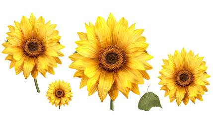 Sunflowers isolated on transparent background. Row of different sunflowers, floral banner