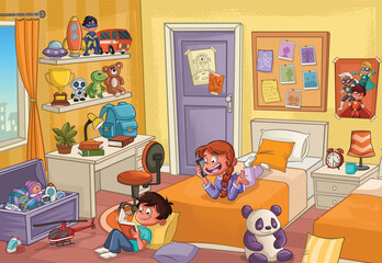 Children bedroom with toys. Cartoon boy reading book. Girl talking on smart phone. 
