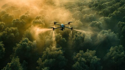 Fototapeta premium Agricultural drones work on rice fields and emit water vapor.