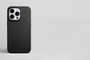 black phone case mockup. smartphone mock up back view isolated on grey background, banner with...