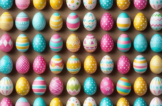 An image showing a collection of colorful, patterned Easter eggs arranged in neat rows, displaying a variety of designs and hues on a simple background