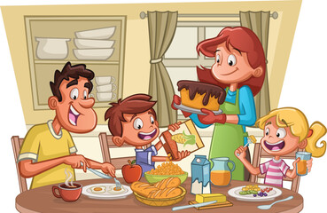 Cartoon family having breakfast. Table with food.
- 741725602