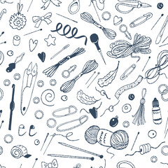 Seamless pattern with needlework items. Black and white ink drawing. Vector
