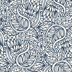 Black and white seamless pattern with Paisley print in a retro style. Vector