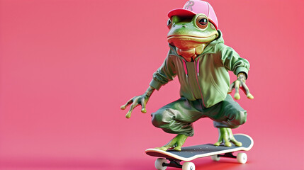 Modern funny frog in a baseball cap rolls on a skateboard in a dynamic pose. Symbol of the day in a leap year, celebrating the event of the frog jump on February 29