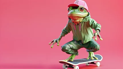 Türaufkleber Modern funny frog in a baseball cap rolls on a skateboard in a dynamic pose. Symbol of the day in a leap year, celebrating the event of the frog jump on February 29 © ximich_natali