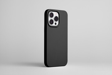 iPhone 15 pro in black case back side view isolated on grey background, smart phone mock up